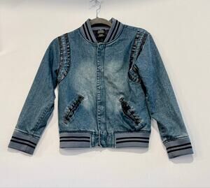 Ring of Fire Girls S Acid Wash Denim Bomber Jacket Blue Gray Zip Pockets